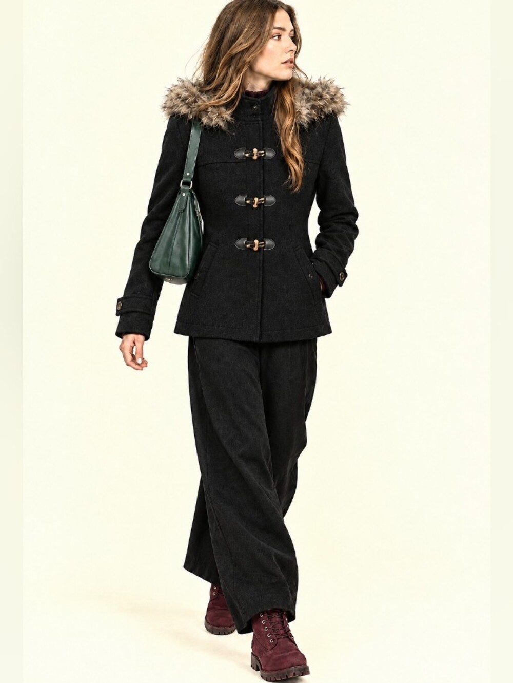 OUTER CAGE🐞Duffle Grey Pea Coat with Fur Collar Hoodie Sz: M